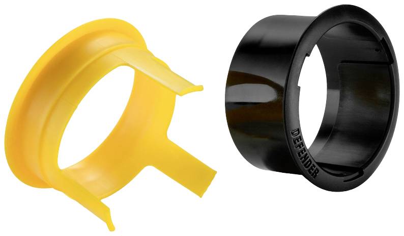 Zwei Kunststoffringe, einer gelb und der andere schwarz. Der schwarze Ring hat die Aufschrift 'Defender'.