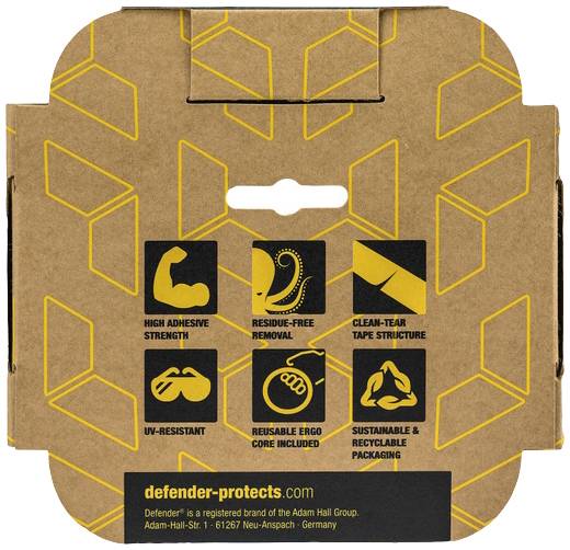 'Verpackung für Klebeband von Defender, mit Symbolen: hohe Klebkraft, rückstandsfreie Entfernung, sauberes Abreißen, UV-beständig, nachhaltiges Material.'