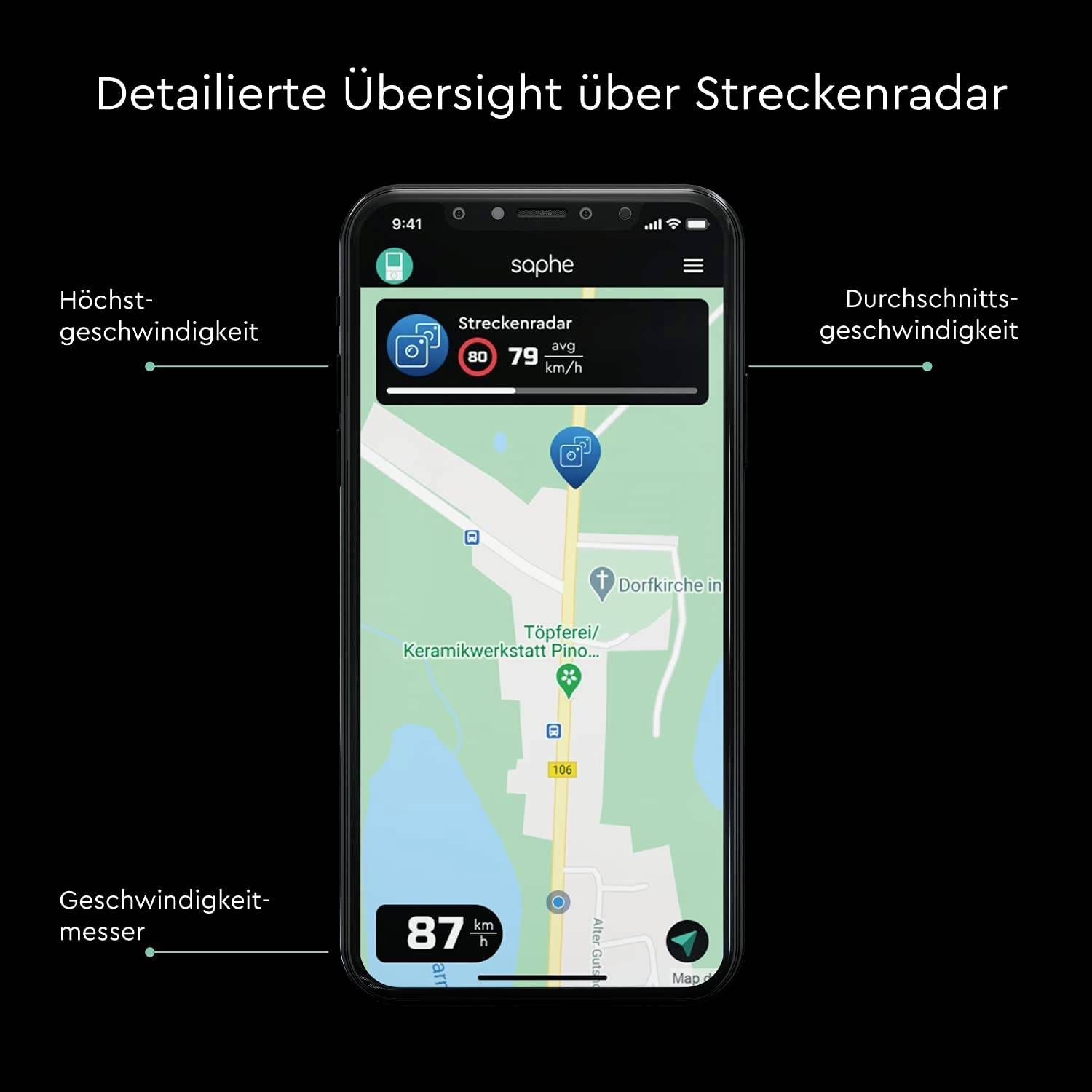 'Detaillierte Übersicht über Streckenradar' zeigt eine Kartenansicht auf einem Smartphone mit Informationen zur Höchst- und Durchschnittsgeschwindigkeit.