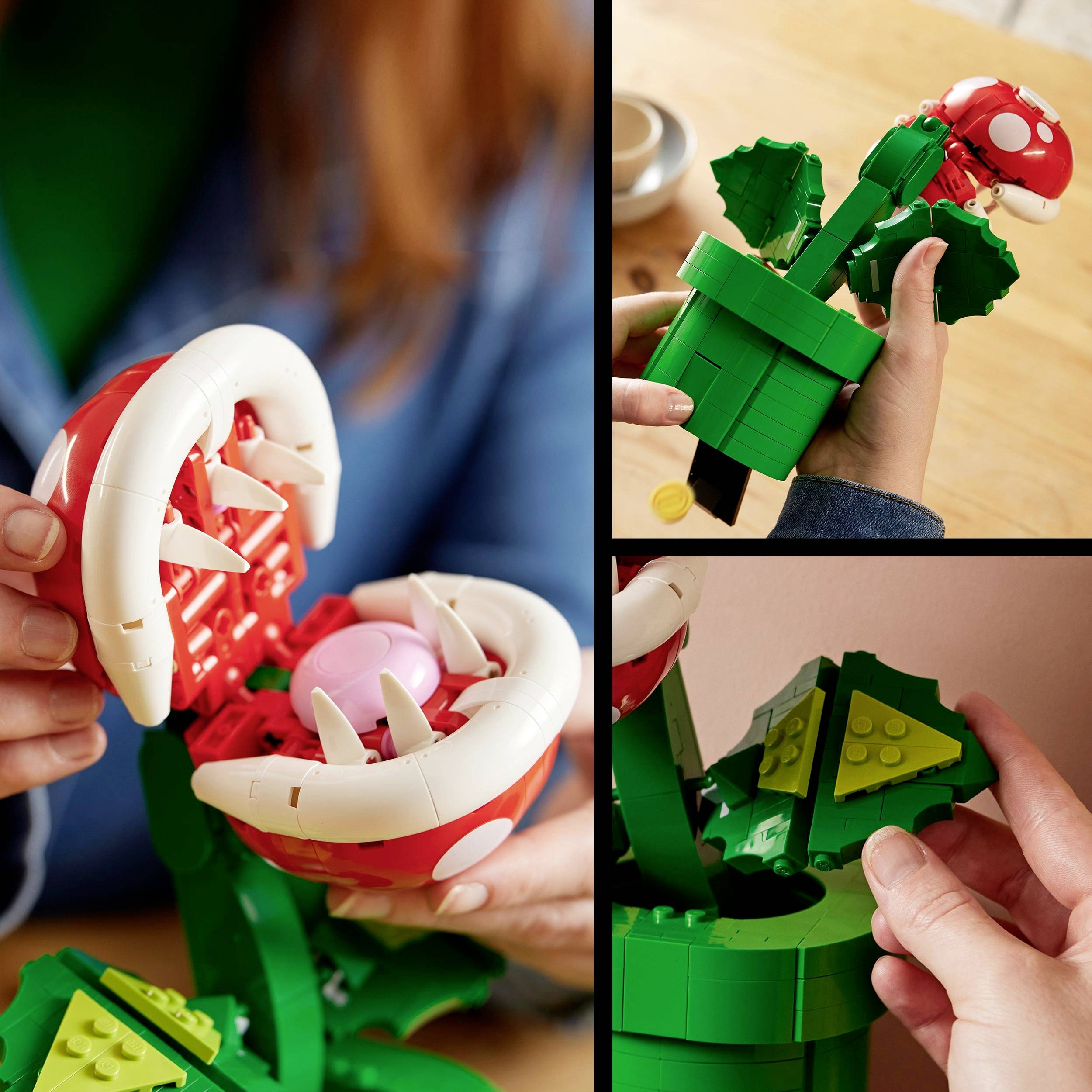 Eine Person hält ein LEGO-Modell einer Piranha-Pflanze. Detailansichten zeigen die Gelenke und Zähne der Pflanze.