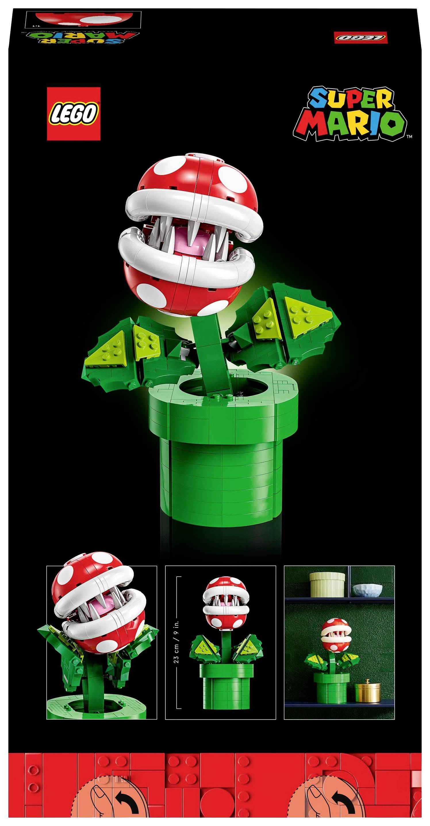 LEGO-Bauset einer 'Piranha-Pflanze' aus der Super-Mario-Serie, bestehend aus grünen und roten Teilen, präsentiert in verschiedenen Ansichten.