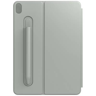 Eine graue Tablethülle mit einem eingebauten Stifthalter. Der Stift befindet sich im Halter auf der linken Seite der Hülle.