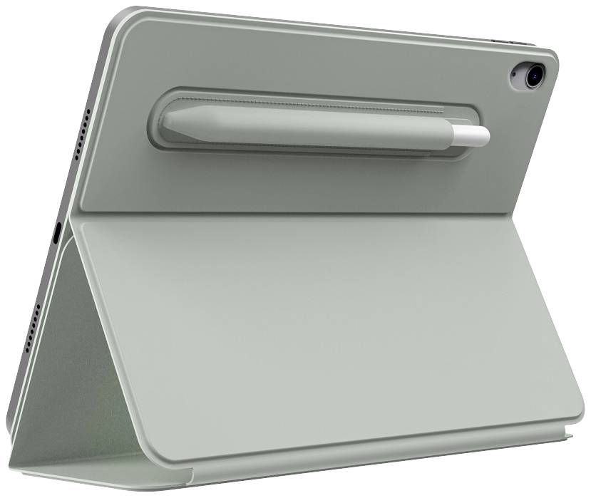 Ein Tablet mit Stifthalter und Abdeckung in einer schützenden Hülle, aufgestellt in einem Ständer.