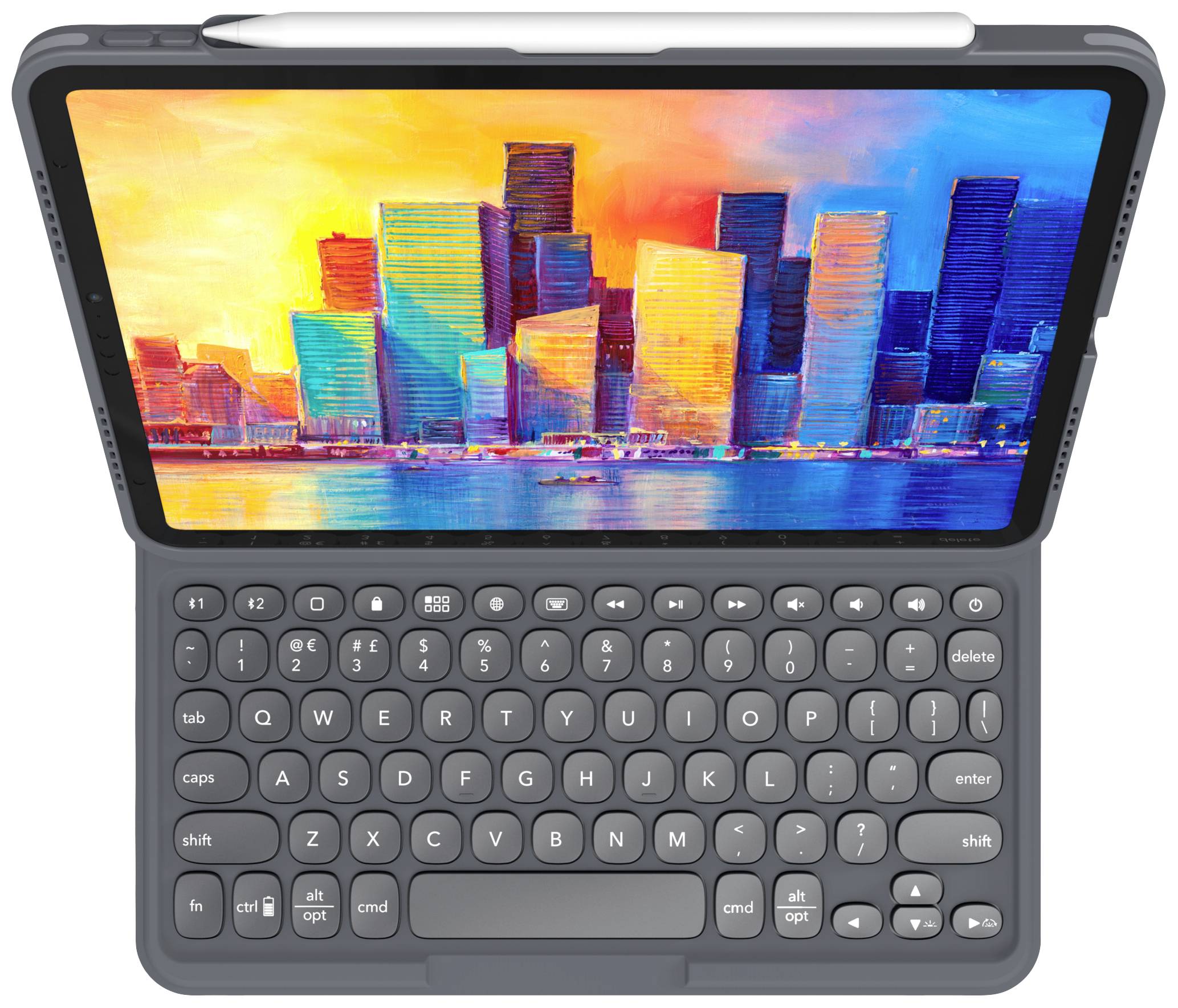 Ein Tablet mit angebrachter Tastatur, auf dem Bildschirm eine farbenfrohe Skyline von Hochhäusern bei Sonnenuntergang; ein Stift liegt oben.
