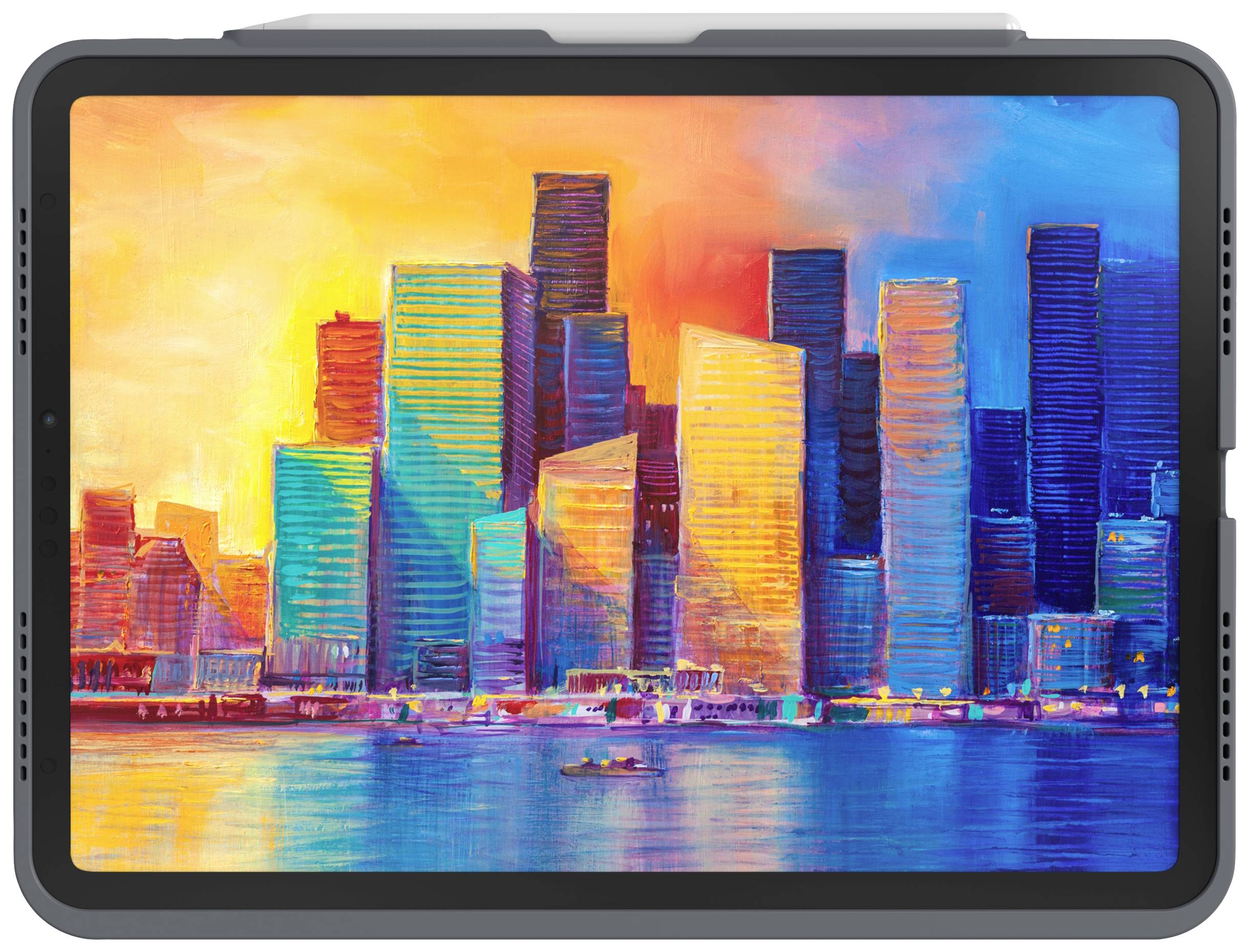 Bunte Stadtsilhouette im Sonnenuntergang, reflektiert im Wasser. Mehrfarbige Gebäude dominieren das Bild.