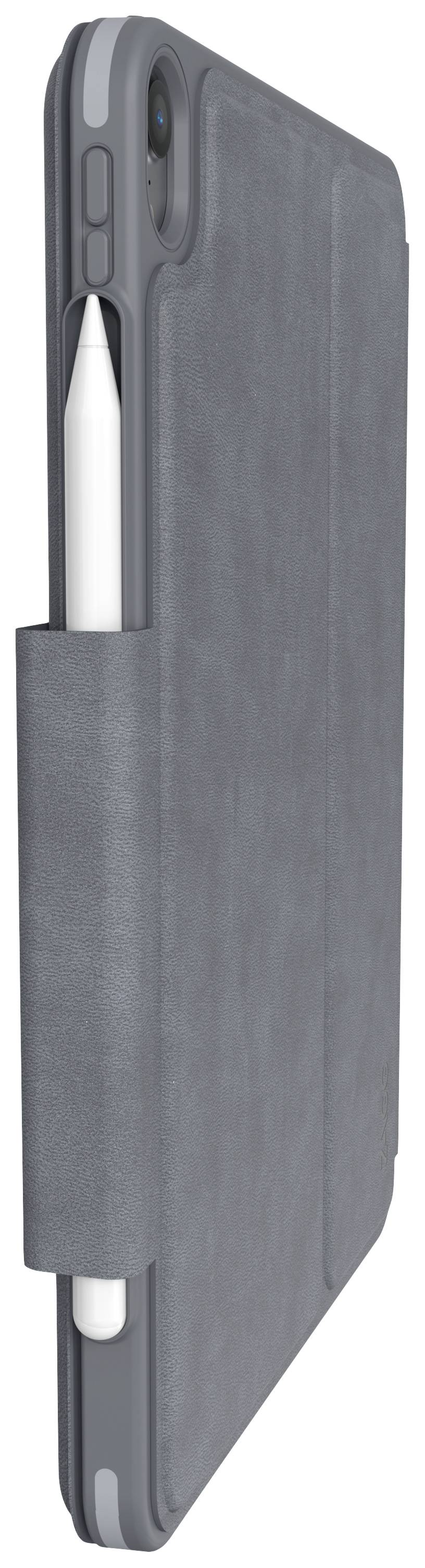 Tablet in einer grauen Hülle mit einem weißen Stift in der Halterung an der Seite.