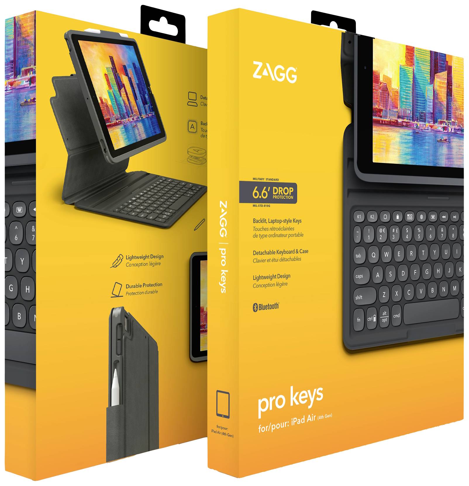 Verpackung einer ZAGG 'pro keys' Tastaturhülle für iPad Air. Zeigt die Hülle mit Tablet, beschreibt Sturzresistenz und Bluetooth-Funktion.