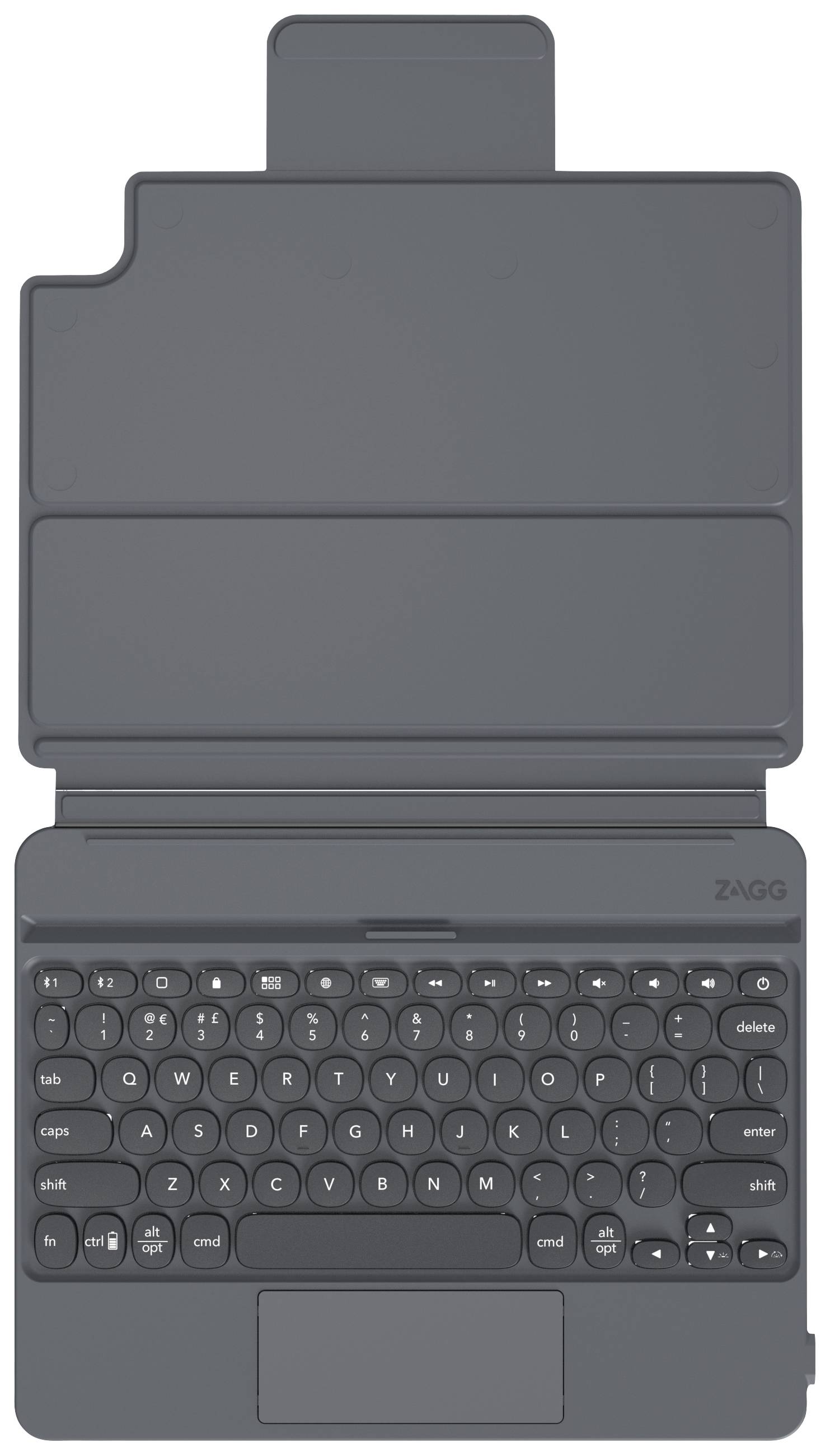 Eine schwarze, abnehmbare Bluetooth-Tastatur mit Touchpad, eingesteckt in ein Schutzhülle für Tablet. Ideal für mobiles Arbeiten.
