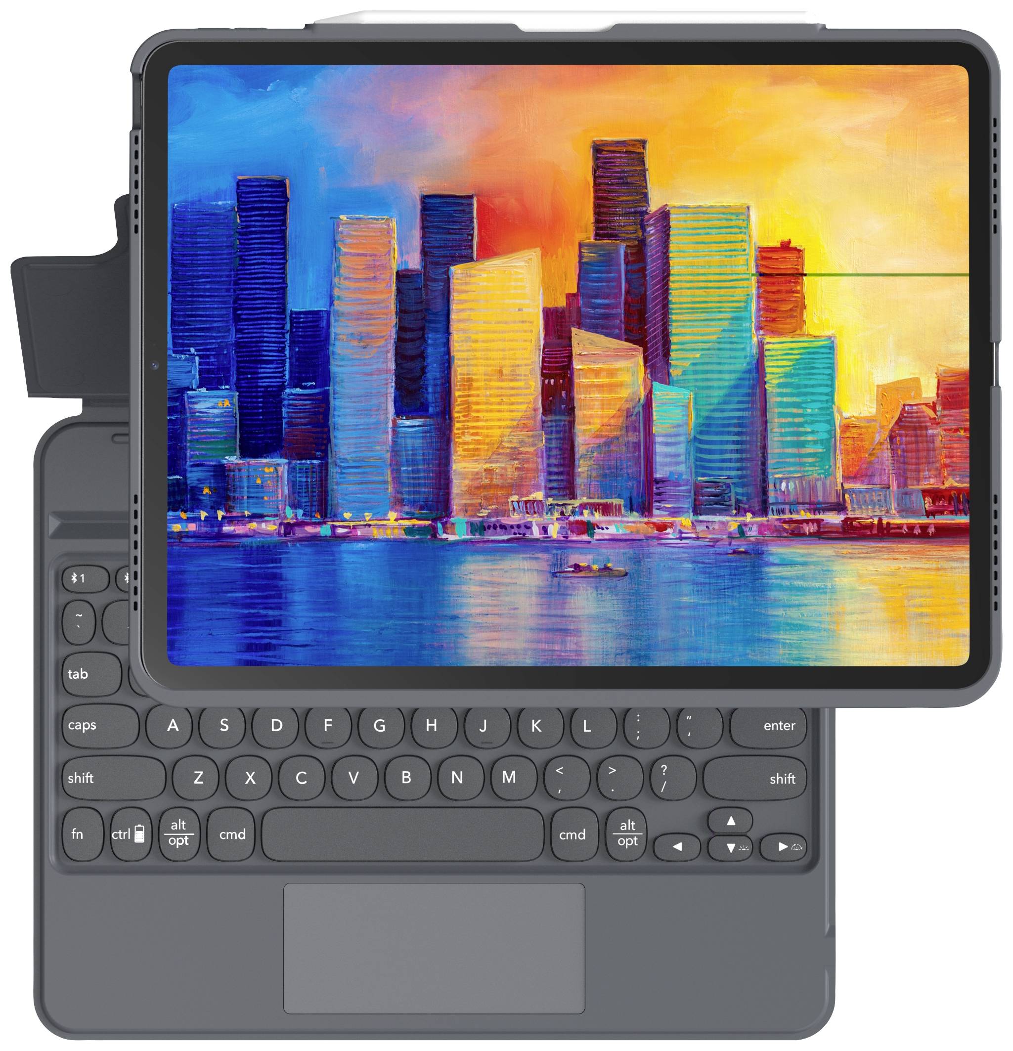 Ein Tablet mit Tastatur zeigt ein farbenfrohes digitales Gemälde einer modernen Stadtlandschaft mit hoch aufragenden Wolkenkratzern.