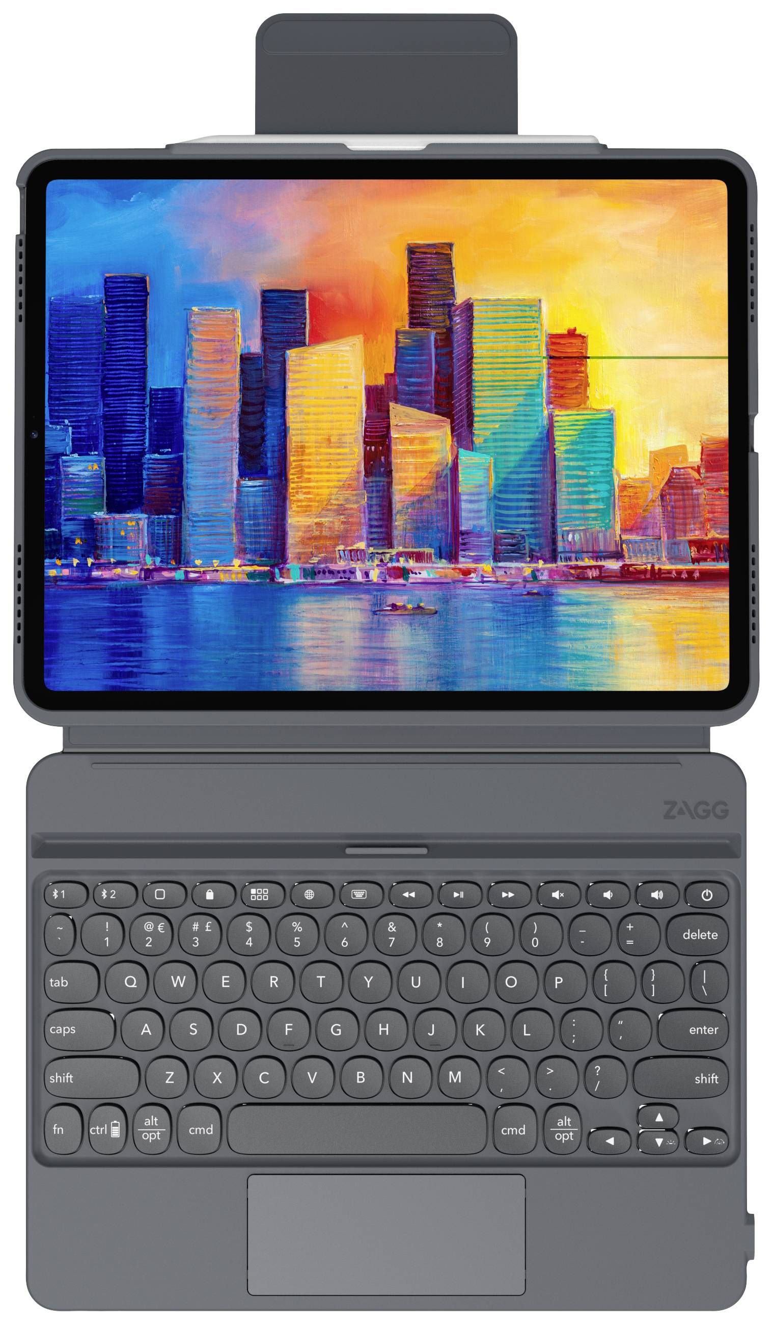 Ein Tablet mit einem bunten Stadtbildschirm, eingesteckt in eine Tastaturhülle. Die Hülle hat eine beleuchtete Tastatur.