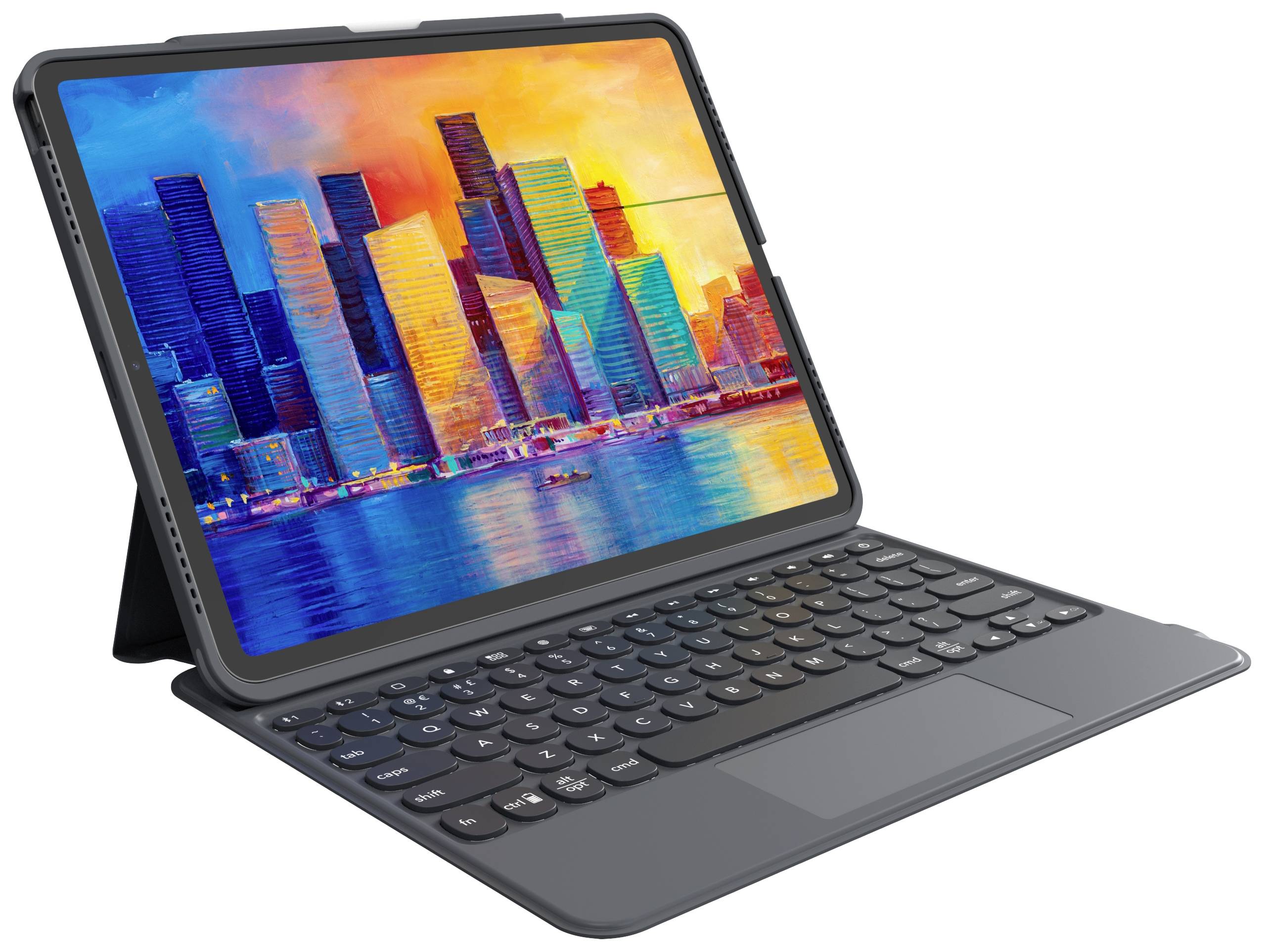 Ein Tablet mit bunter Stadtansicht auf dem Bildschirm und angeschlossener Tastatur, der wie ein Laptop aufgestellt ist.