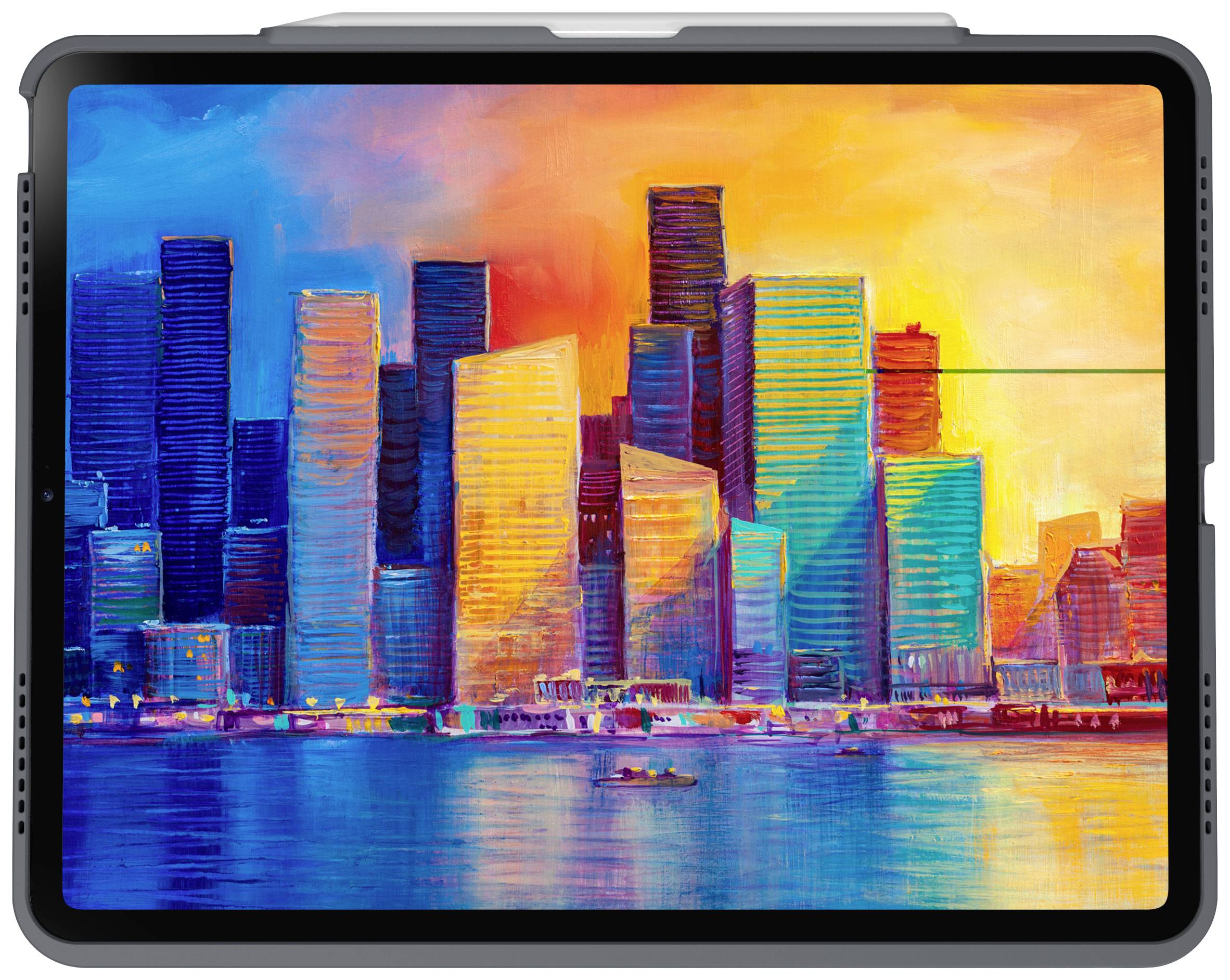 Gemälde einer städtischen Skyline bei Sonnenuntergang. Farbintensive Wolkenkratzer spiegeln sich im Wasser, mit einem Ruderboot im Vordergrund.