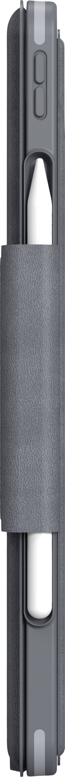 Ein graues Etui mit einem weißen Stift, vertikal angeordnet, mit sichtbaren Befestigungselementen oben und unten am Etui.