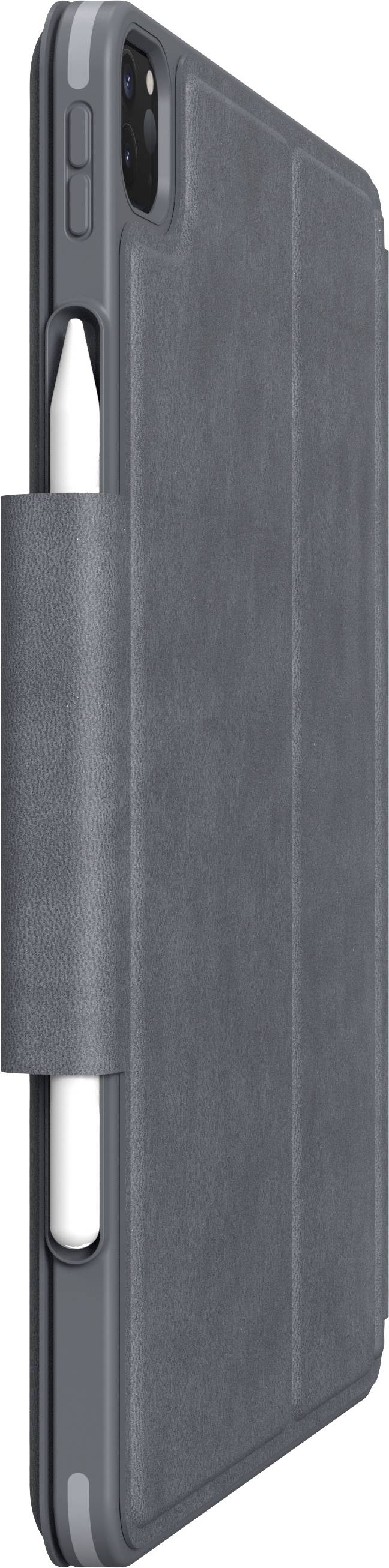Ein graues Tablet-Etui mit einem Steckplatz für einen weißen Stift auf der Seite, stehend in einem leichten Winkel.