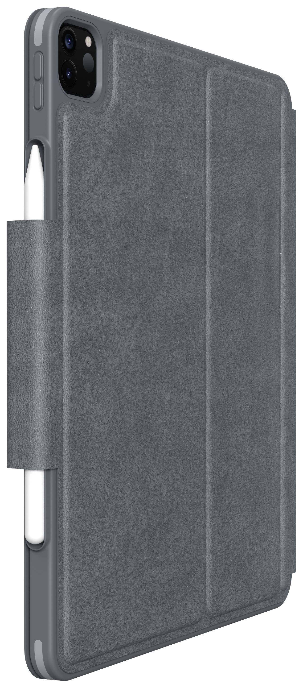 Graues Tablet mit einer Schutzhülle und einem seitlich angebrachten Stift. Ideal zum Schutz und Transport von Tablets.