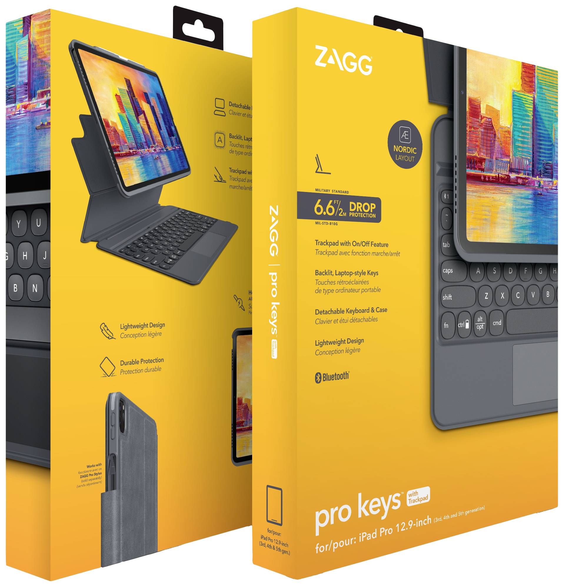 Verpackung für ZAGG Pro Keys Tastaturhülle, kompatibel mit iPad Pro 12,9 Zoll. Zeigt Schutzhülle und Tastatur, Betonung auf Haltbarkeit und Bluetooth-Funktion.
