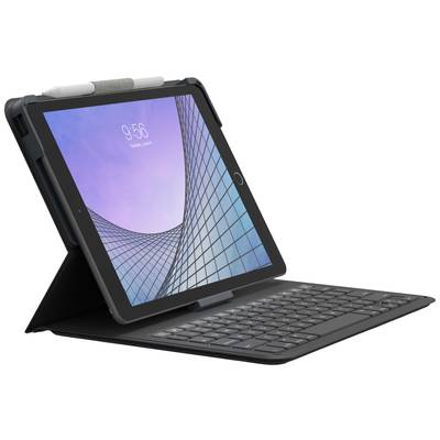 Ein Tablet mit einem Tastaturgehäuse zeigt ein modernes Gebäude mit Glasfassade auf dem Bildschirm. Das Bild dient zur Präsentation des Tablets als Arbeitsgerät.