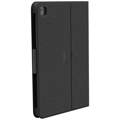 Dunkle Tablet-Hülle mit strukturiertem Stoff, geschlossen. Links eine kleine Öffnung für die Kamera, Markenname in der Mitte.