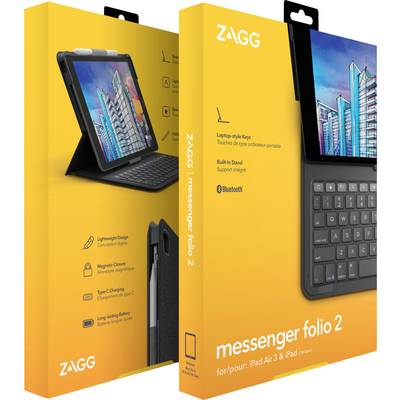 Verpackung von 'ZAGG Messenger Folio 2' für iPad Air 3 & iPad. Zeigt eine Schutzhülle mit Tastatur, Bluetooth-Funktion und Ständer.