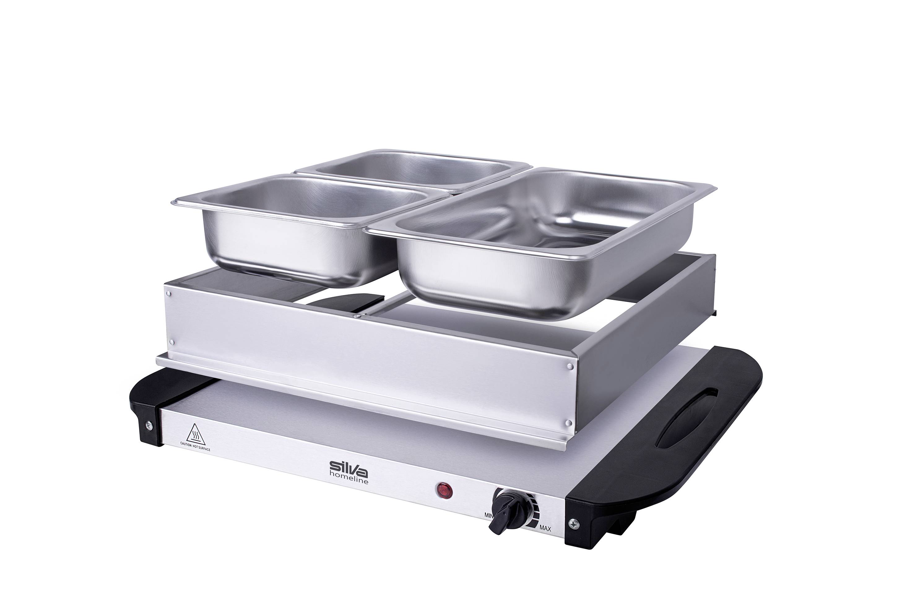 'Elektrisches Chafing Dish mit drei Edelstahlbehältern, geeignet für Buffets; Heizplatte mit Temperaturregelung.'