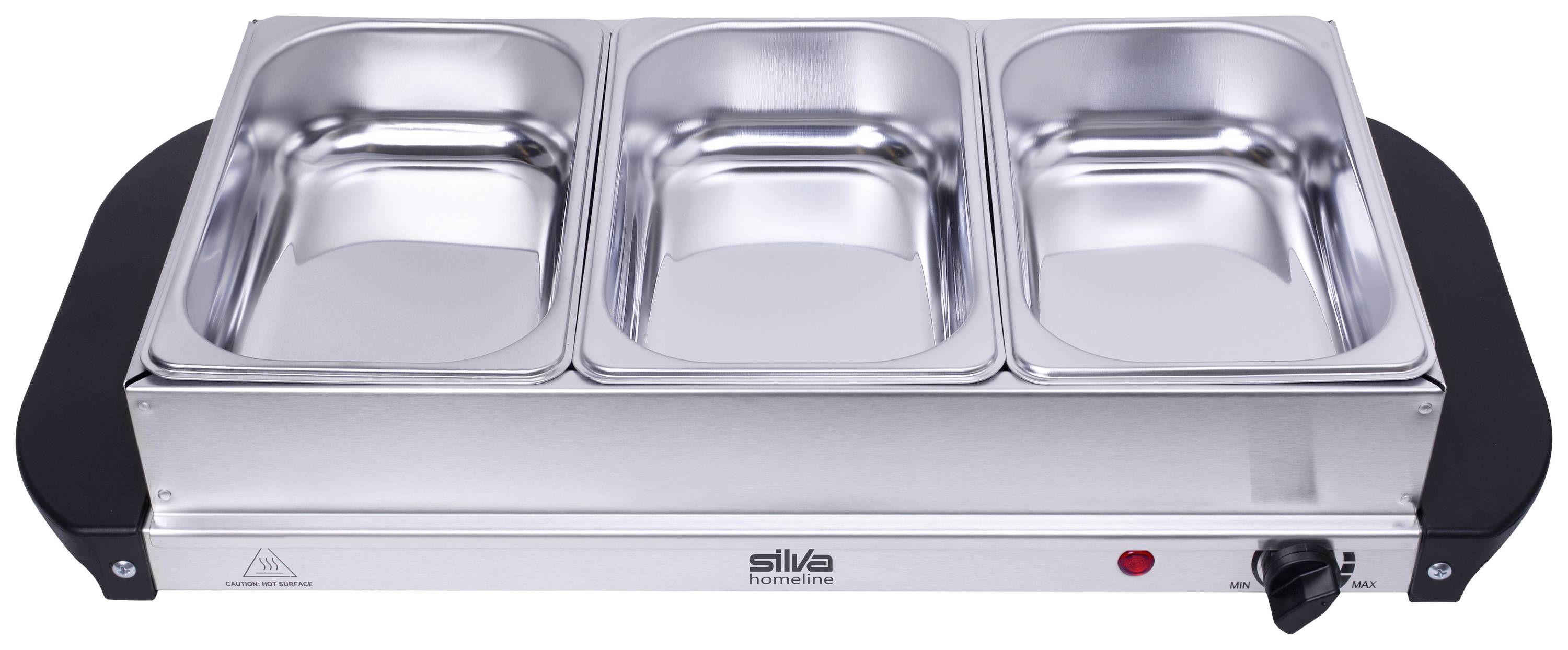 Dreiteiliger Buffetwärmer mit silbernen Edelstahlbehältern, schwarzem Sockel und Temperaturregler, ideal zum Warmhalten von Speisen.