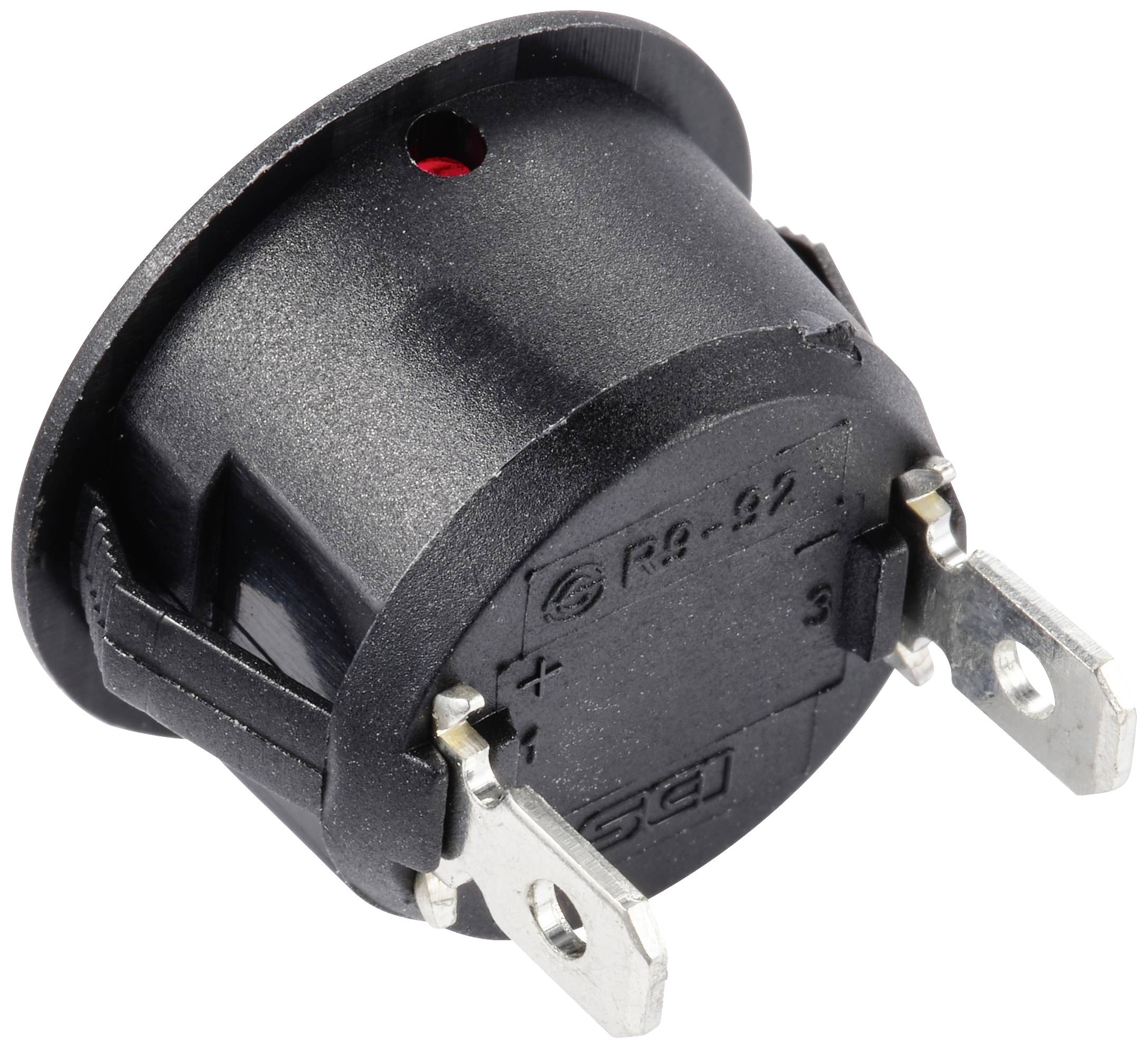 Ein runder schwarzer Kippschalter mit drei Metallkontakten. Der Schalter hat eine rote Markierung oben und ist in Position "Off".