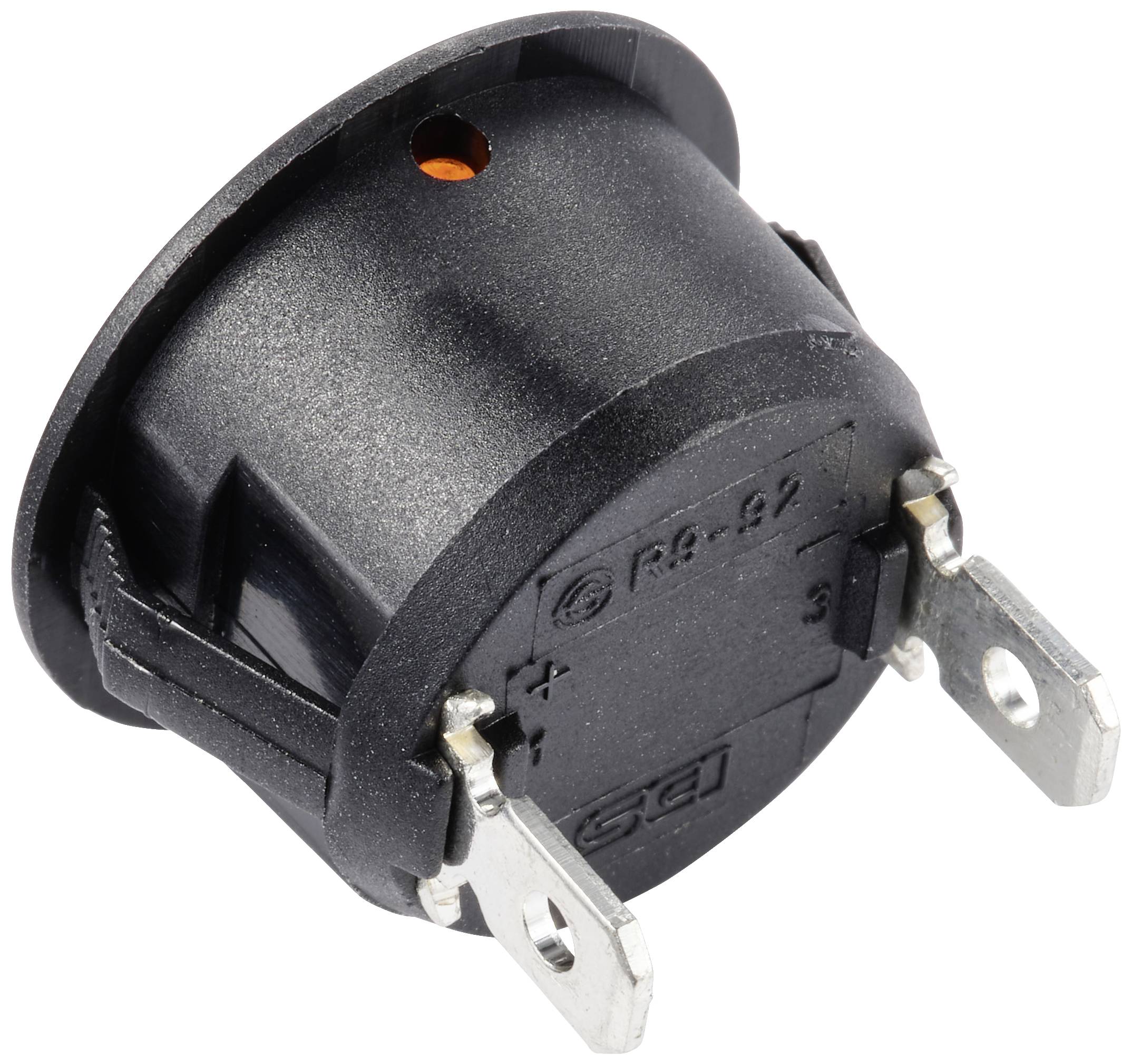 Runder, schwarzer Kipp-Schalter mit Metallanschlüssen, leuchtet im eingeschalteten Zustand durch ein kleines orangenes Licht.