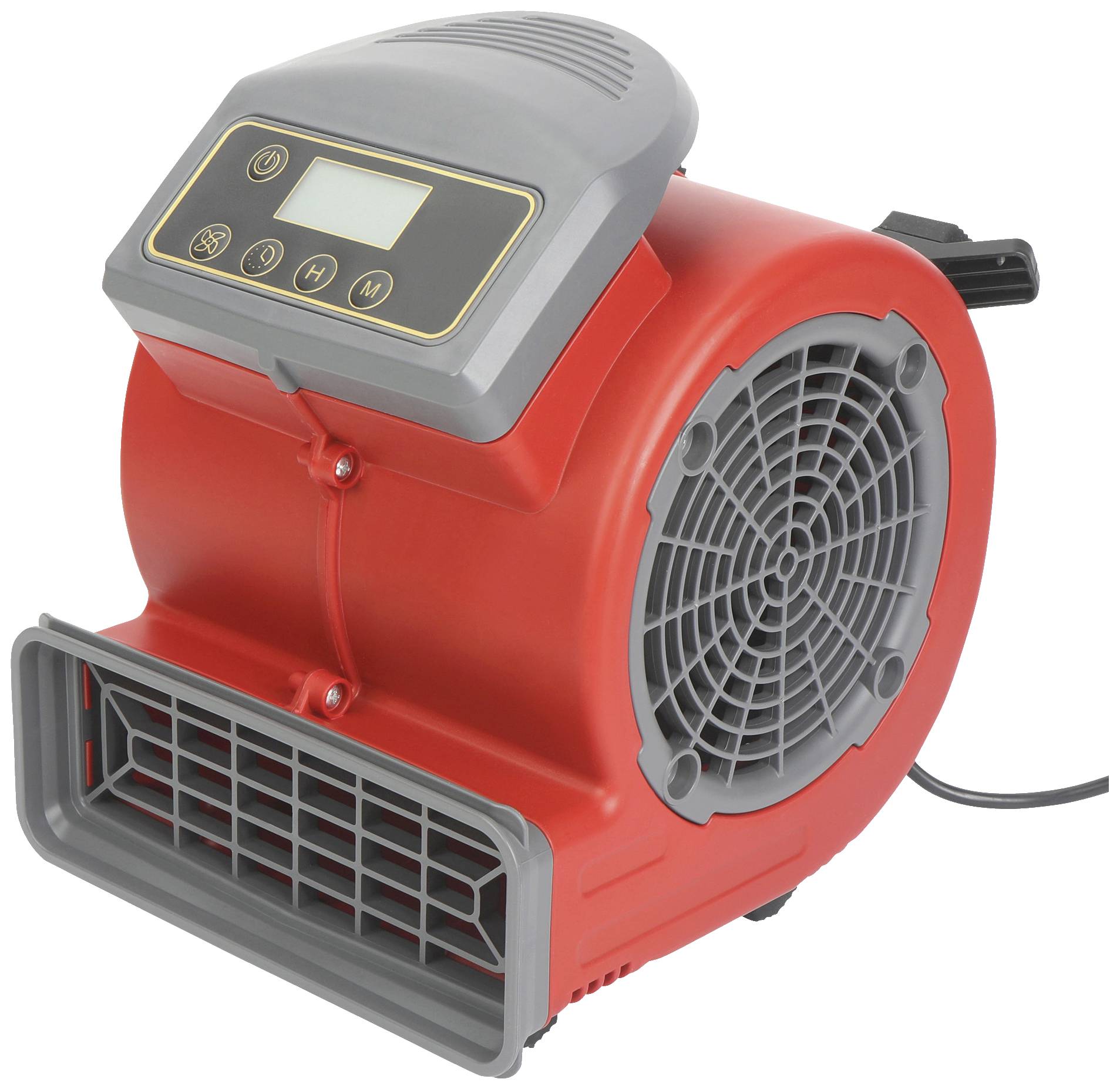 Ein rotes Gebläsegerät mit grauem Gitter und Display auf der Oberseite, zur Luftzirkulation in Räumen.