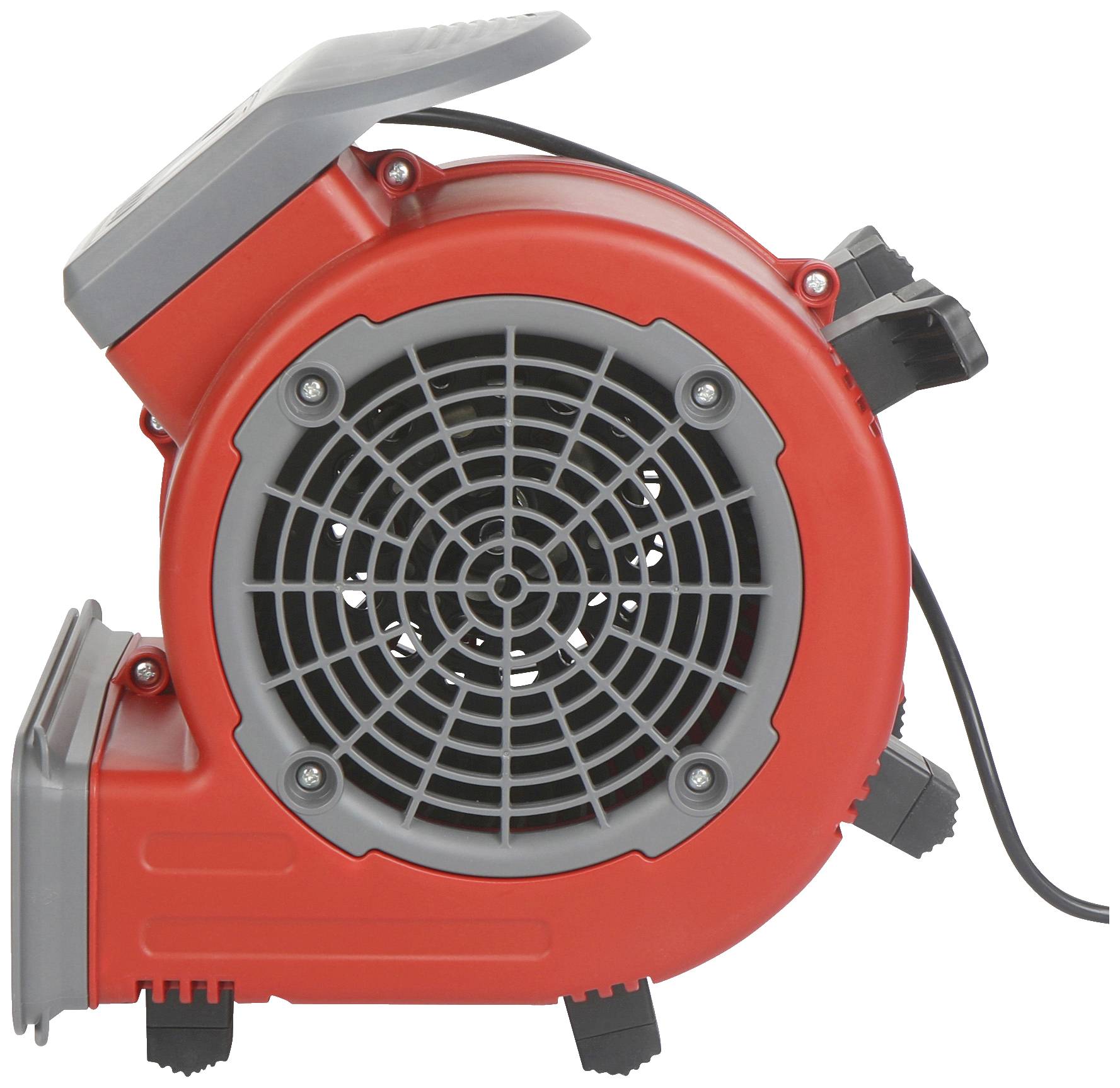 Ein roter elektrischer Luftgebläseventilator mit Kabel und grauen Details, geeignet für den industriellen oder gewerblichen Einsatz.