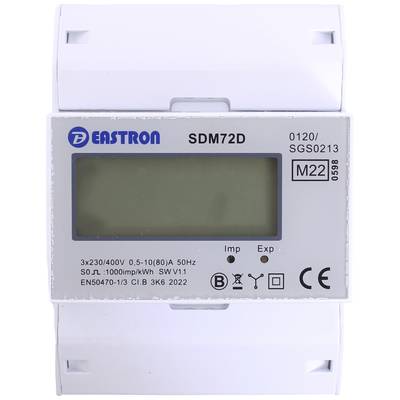 Ein graues SDM72D-Energiezählergerät mit LCD-Display und verschiedenen technischen Spezifikationen auf der Vorderseite.