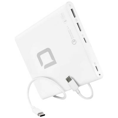 Eine weiße Powerbank mit USB-C-Kabel und drei USB-Anschlüssen. Auf der Rückseite sind Logos, ein Ein-/Ausschaltknopf und Spezifikationen sichtbar.