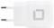 Weißes USB-Netzteil mit EU-Stecker und grauem Logo auf der Vorderseite.