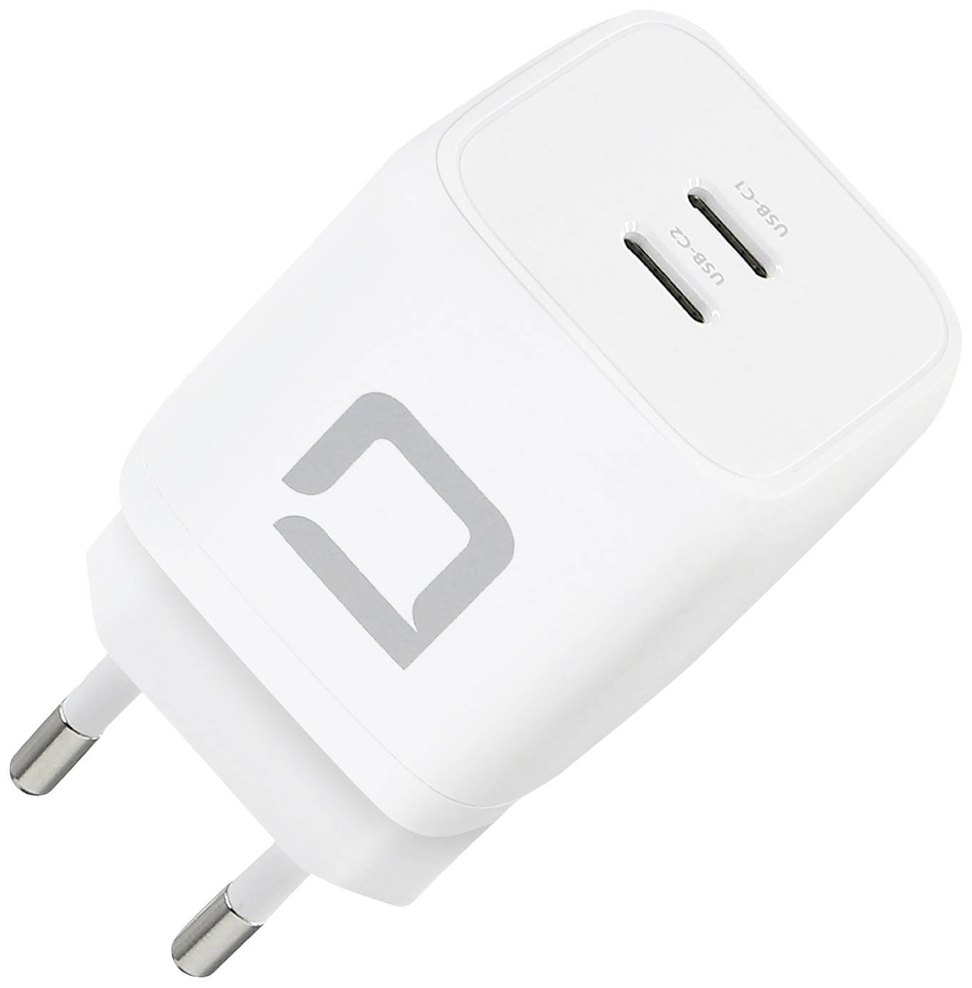 Ein weißes USB-Ladegerät mit zwei USB-Anschlüssen und einem dezenten Logo auf der Vorderseite. Europäischer Stecker.