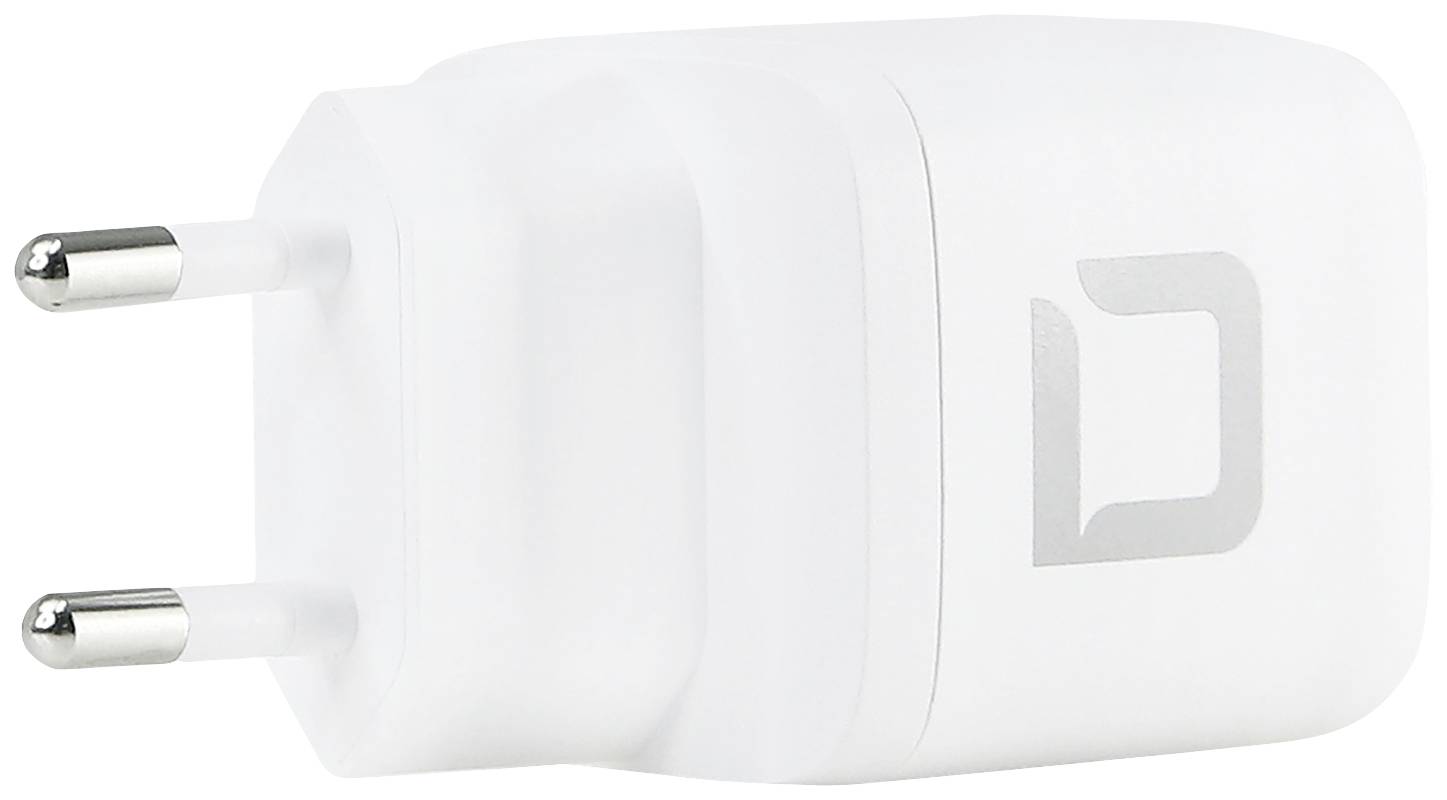 Ein weißes USB-Ladegerät EU-Stecker mit zwei Metallstiften, abgerundete Kanten und einem einfachen Logo auf der Seite.