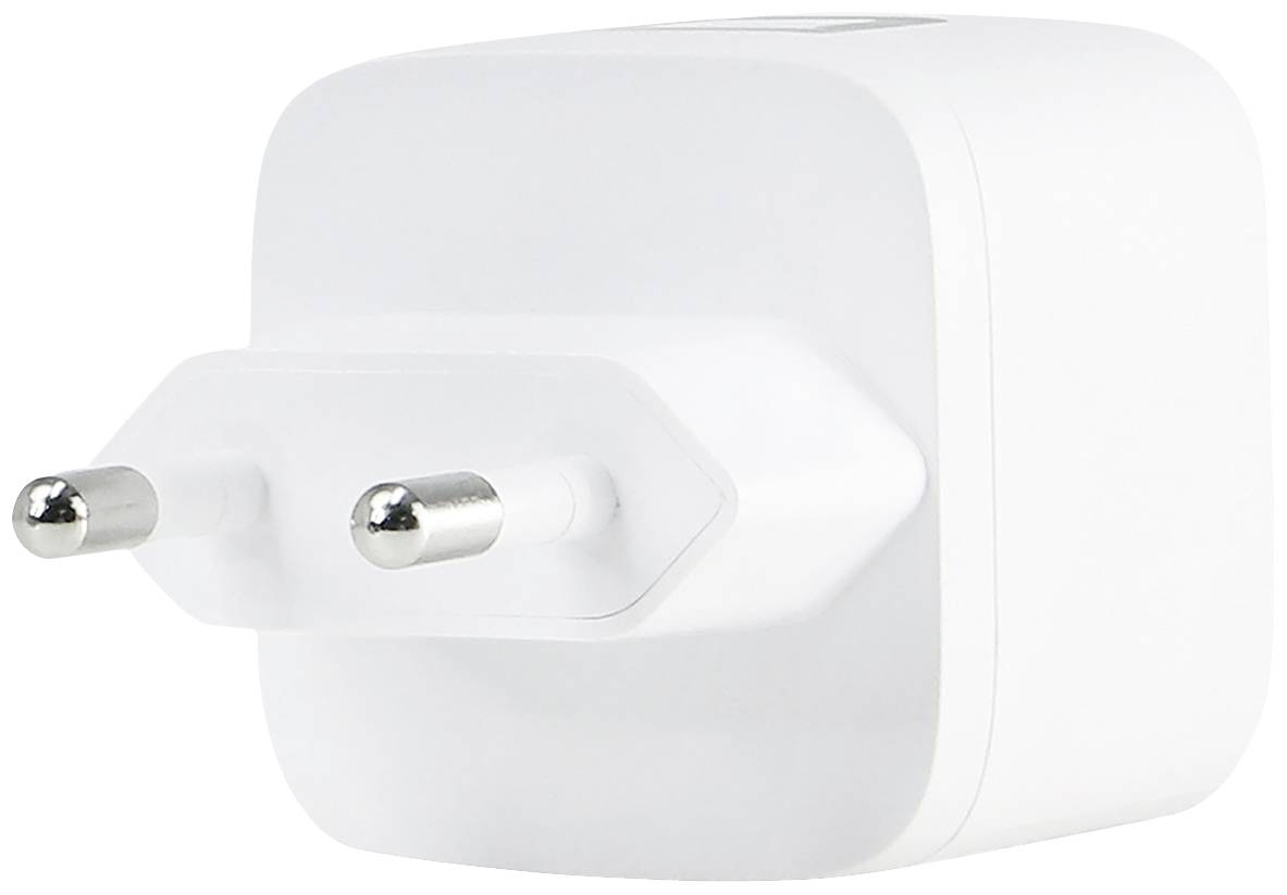 Weißes Ladegerät mit zwei Steckerkontakten, seitlich gezeigt, für USB-Geräte, ohne sichtbare Kabel.