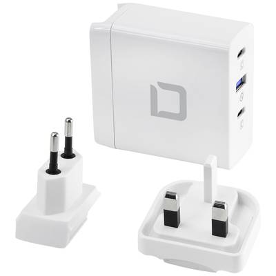 Weißes USB-Ladegerät mit zwei Steckdosenadaptern, geeignet für verschiedene Steckdosentypen.