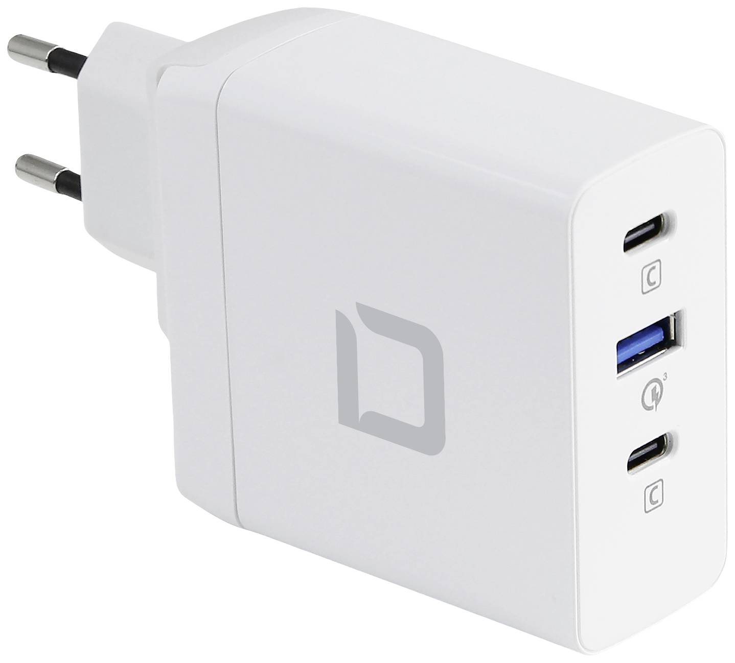 Ein weißes Ladegerät mit zwei USB-C-Anschlüssen und einem USB-A-Anschluss, zeigt eine stilisierte Logo-Prägung auf der Seite.