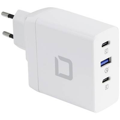 Ein weißes Ladegerät mit zwei USB-C-Anschlüssen und einem USB-A-Anschluss, zeigt eine stilisierte Logo-Prägung auf der Seite.