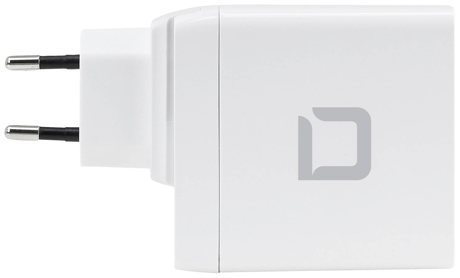 Weißes Ladegerät mit europäischem Stecker auf weißem Hintergrund, geeignet zum Laden von elektronischen Geräten.