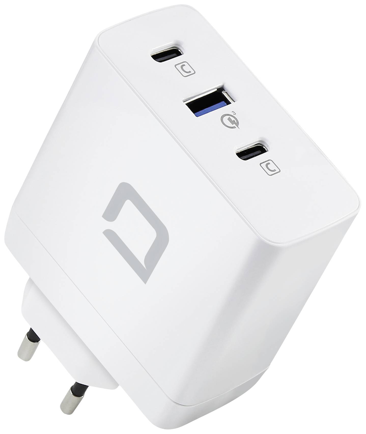 Ein weißes Ladegerät mit zwei USB-C-Anschlüssen und einem USB-A-Anschluss. Es ist für schnelles Laden mehrerer Geräte ausgelegt.