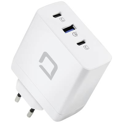 Ein weißes Ladegerät mit zwei USB-C-Anschlüssen und einem USB-A-Anschluss. Es ist für schnelles Laden mehrerer Geräte ausgelegt.