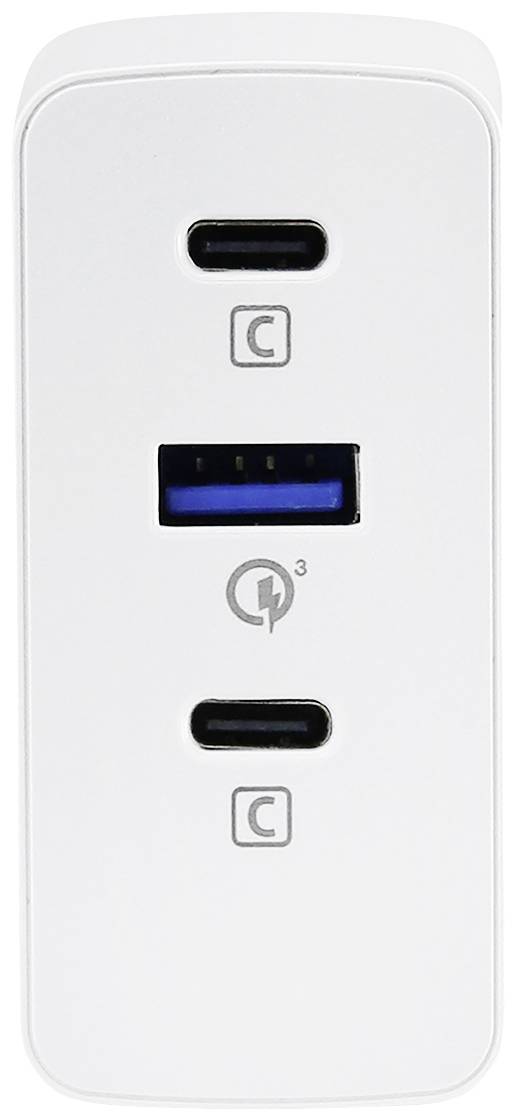 Ein weißes Ladegerät mit zwei USB-C-Anschlüssen und einem USB-A-Anschluss in der Mitte, geeignet für schnelles Aufladen.