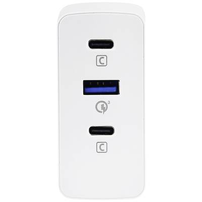 Ein weißes Ladegerät mit zwei USB-C-Anschlüssen und einem USB-A-Anschluss in der Mitte, geeignet für schnelles Aufladen.