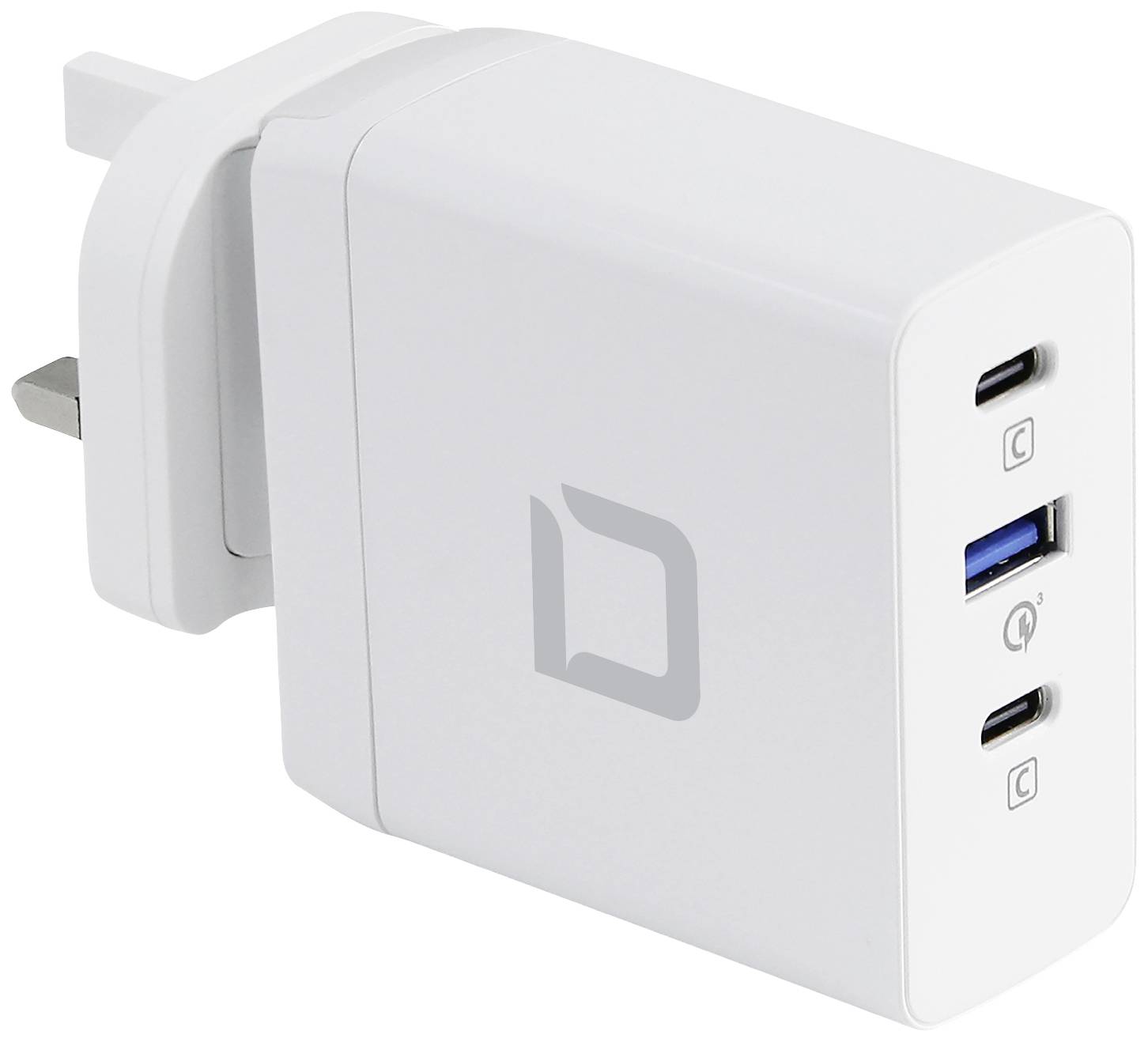 Weißes USB-Ladegerät mit drei Anschlüssen, darunter zwei USB-C- und ein USB-A-Anschluss, geeignet für verschiedene Geräte.