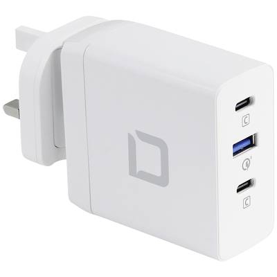 Weißes USB-Ladegerät mit drei Anschlüssen, darunter zwei USB-C- und ein USB-A-Anschluss, geeignet für verschiedene Geräte.