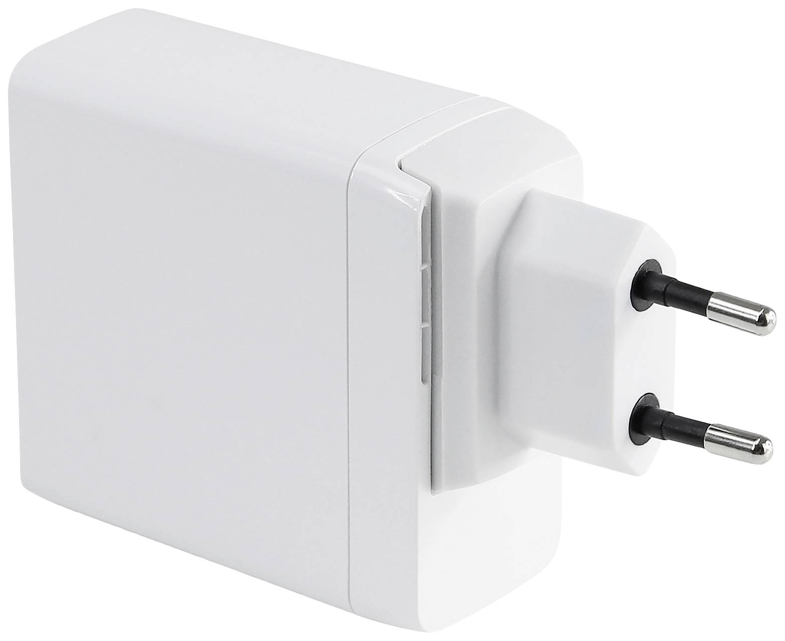 Ein weißes Netzteil mit europäischem Stecker, geeignet für Ladegeräte.