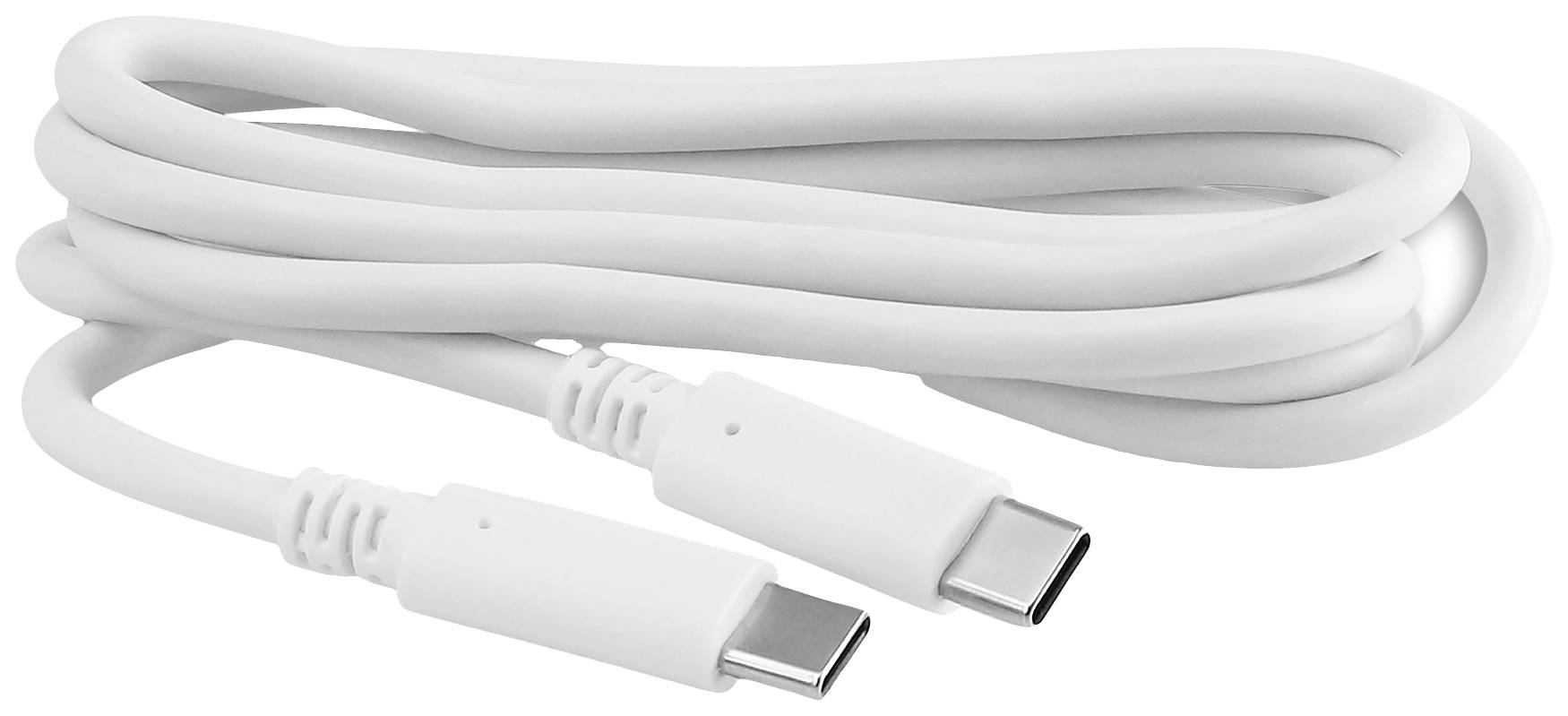 Ein weißes USB-C-Kabel, aufgerollt, zeigt zwei identische Steckverbinder.