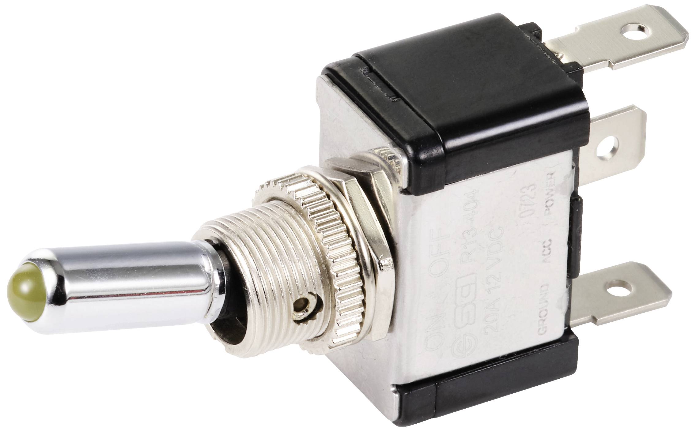 Ein Kippschalter mit einem Metallhebel, montiert auf einem rechteckigen Gehäuse. Geeignet für elektronische Schaltungen und Geräte.