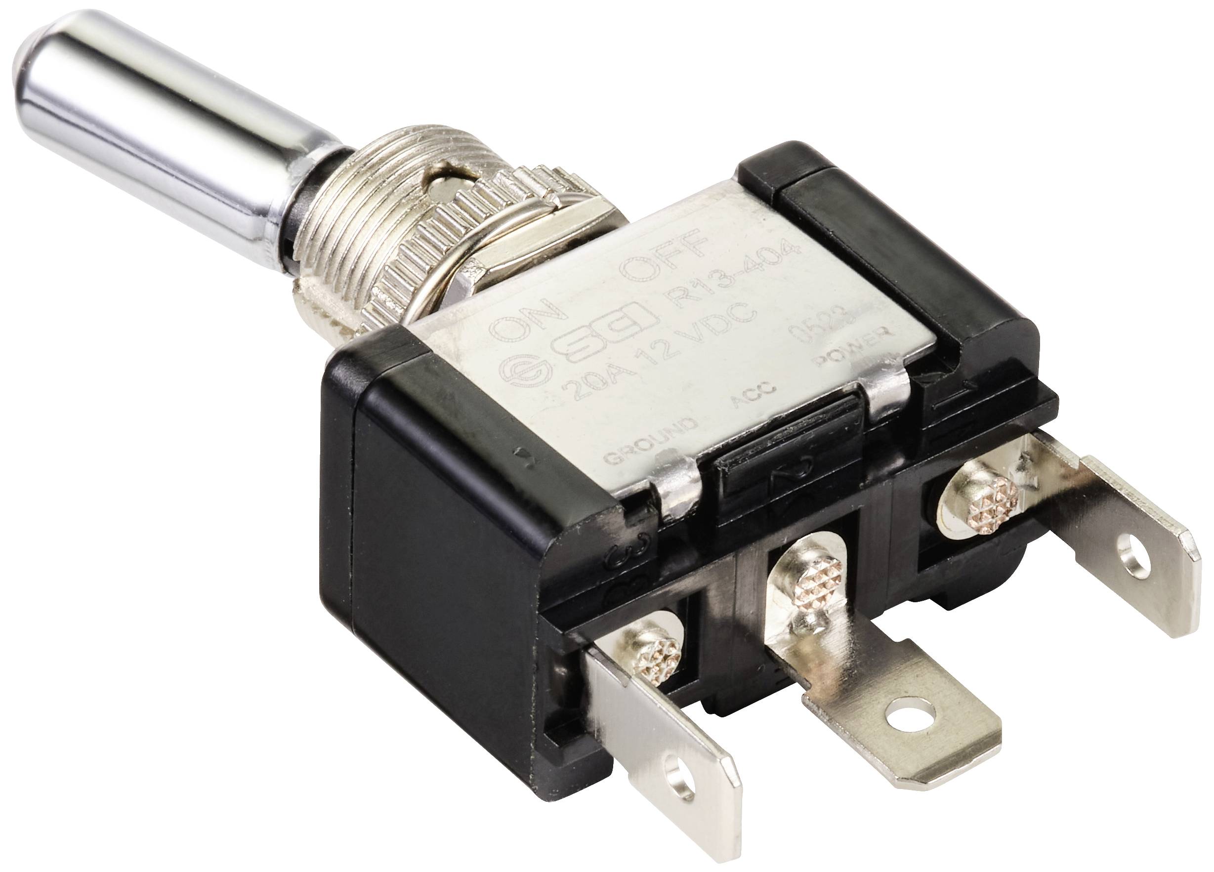Ein Kippschalter mit Metallhebel, markiert mit 'ON' und 'OFF', hat drei Anschlüsse an der Unterseite, verwendet für elektrische Verbindungen.