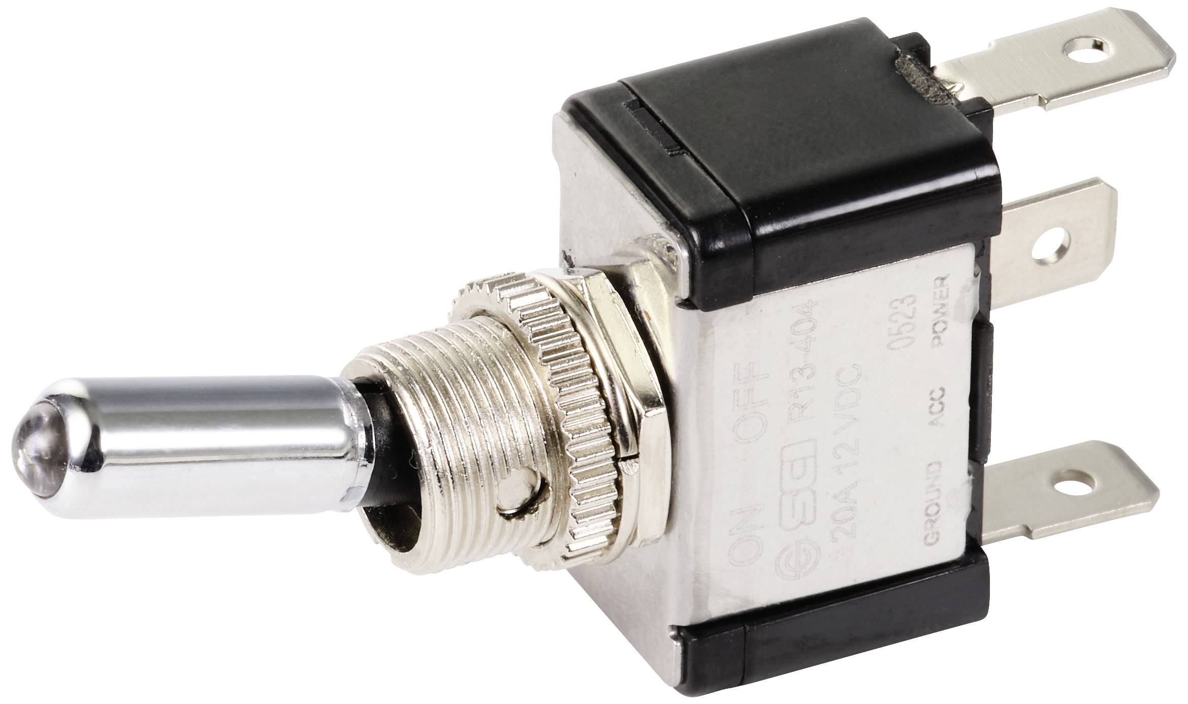 Ein Kippschalter mit Metallhebel und drei Anschlusskontakten, typisch für elektrische Geräte zur Steuerung von Stromkreisen.